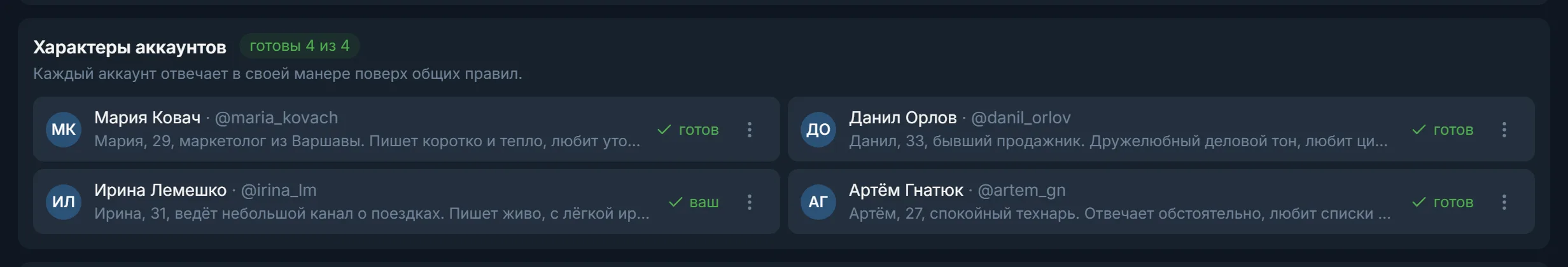 Список характеров аккаунтов