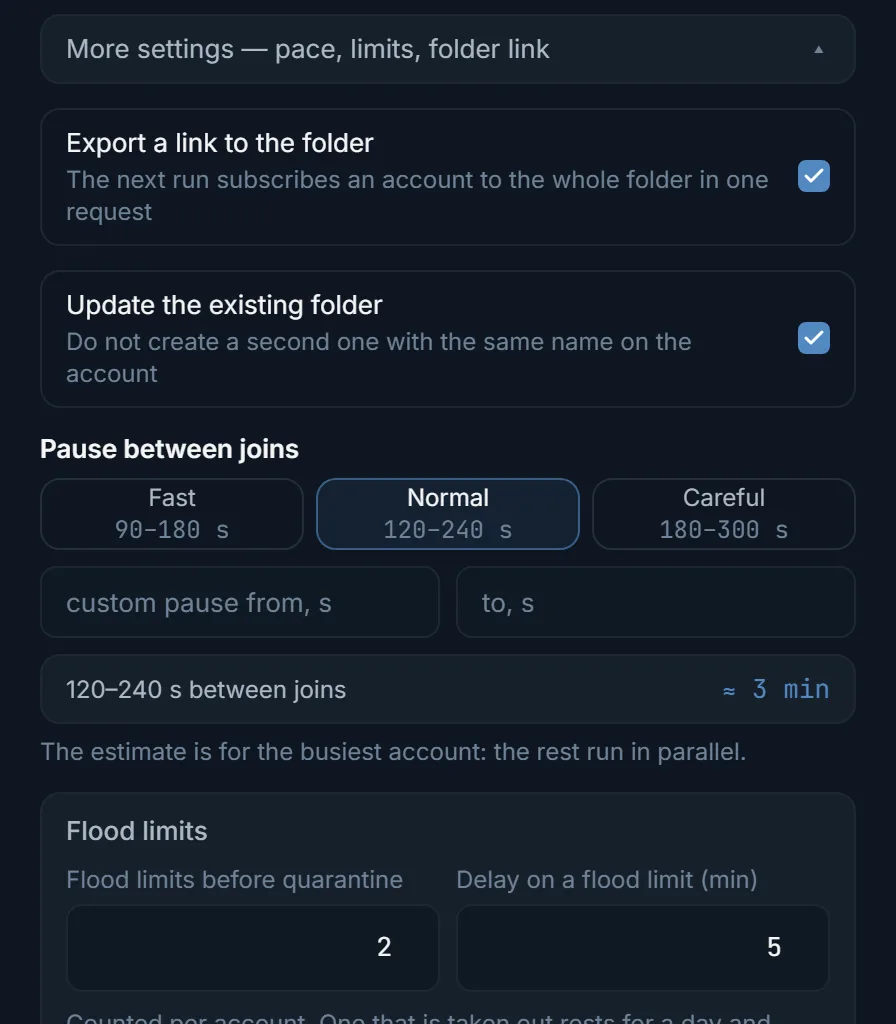 Folder build settings: link, pace, limits