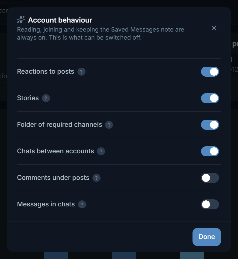 The “Account behaviour” window in the TeleTraff warmup settings