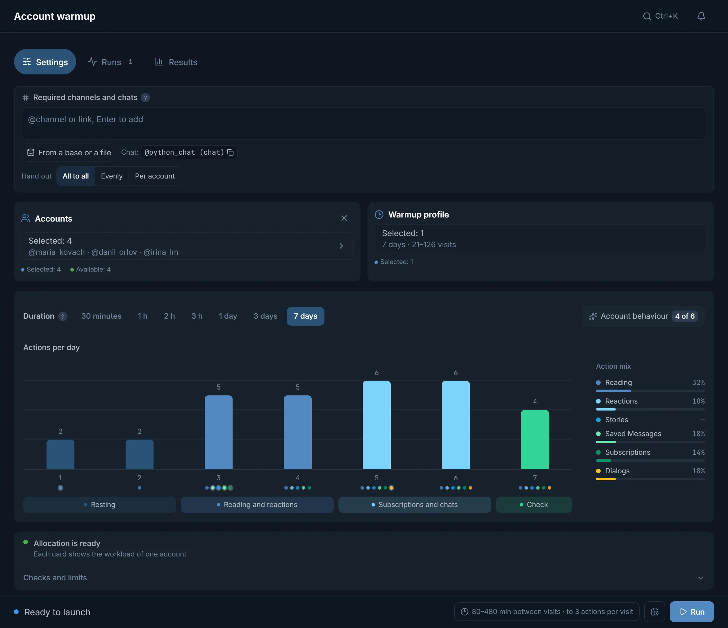 TeleTraff warmup setup: programme selection, accounts and plan