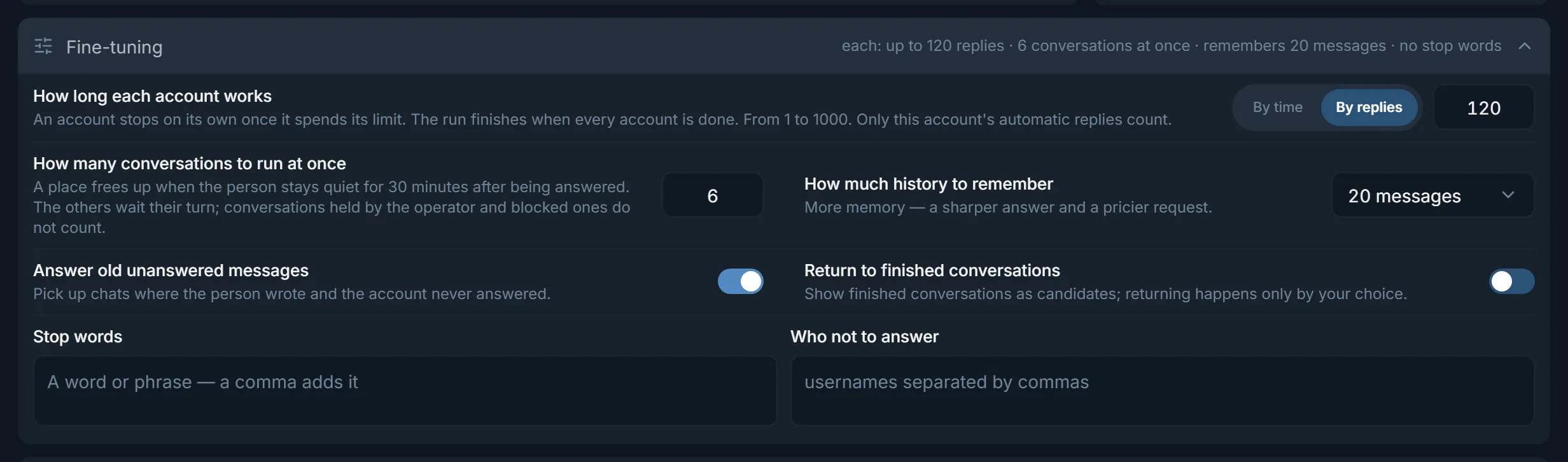 Dialogs advanced settings