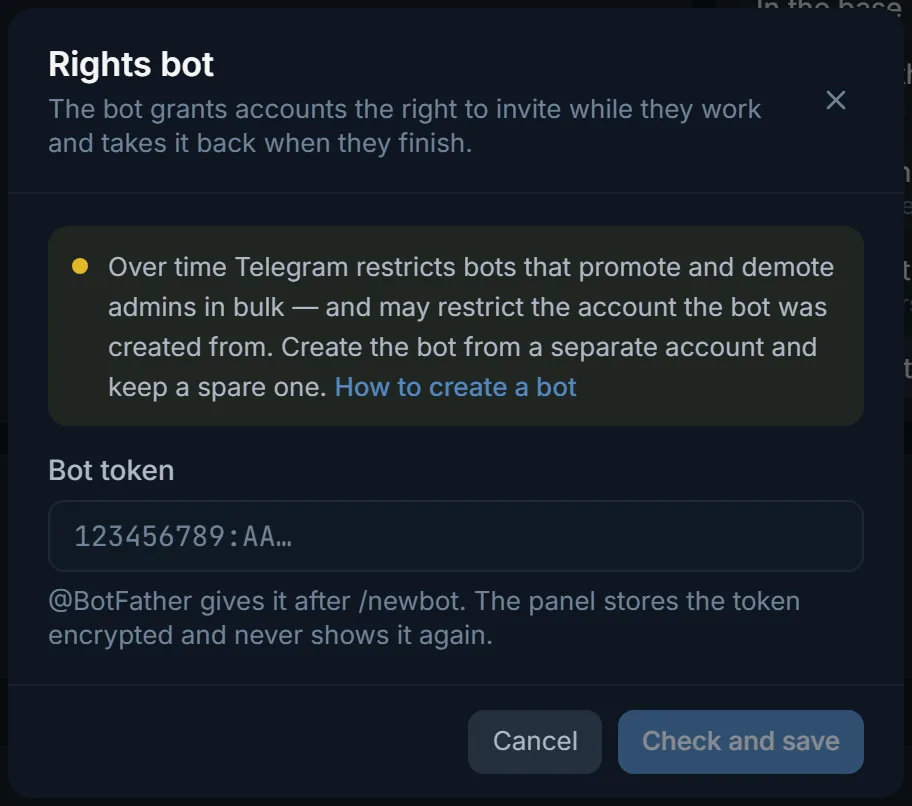 The “Rights bot” window in the TeleTraff inviter