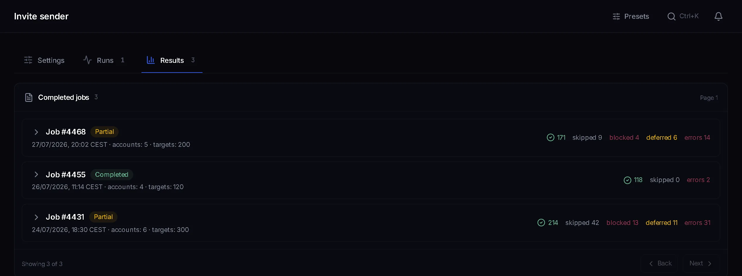 Inviter results tab