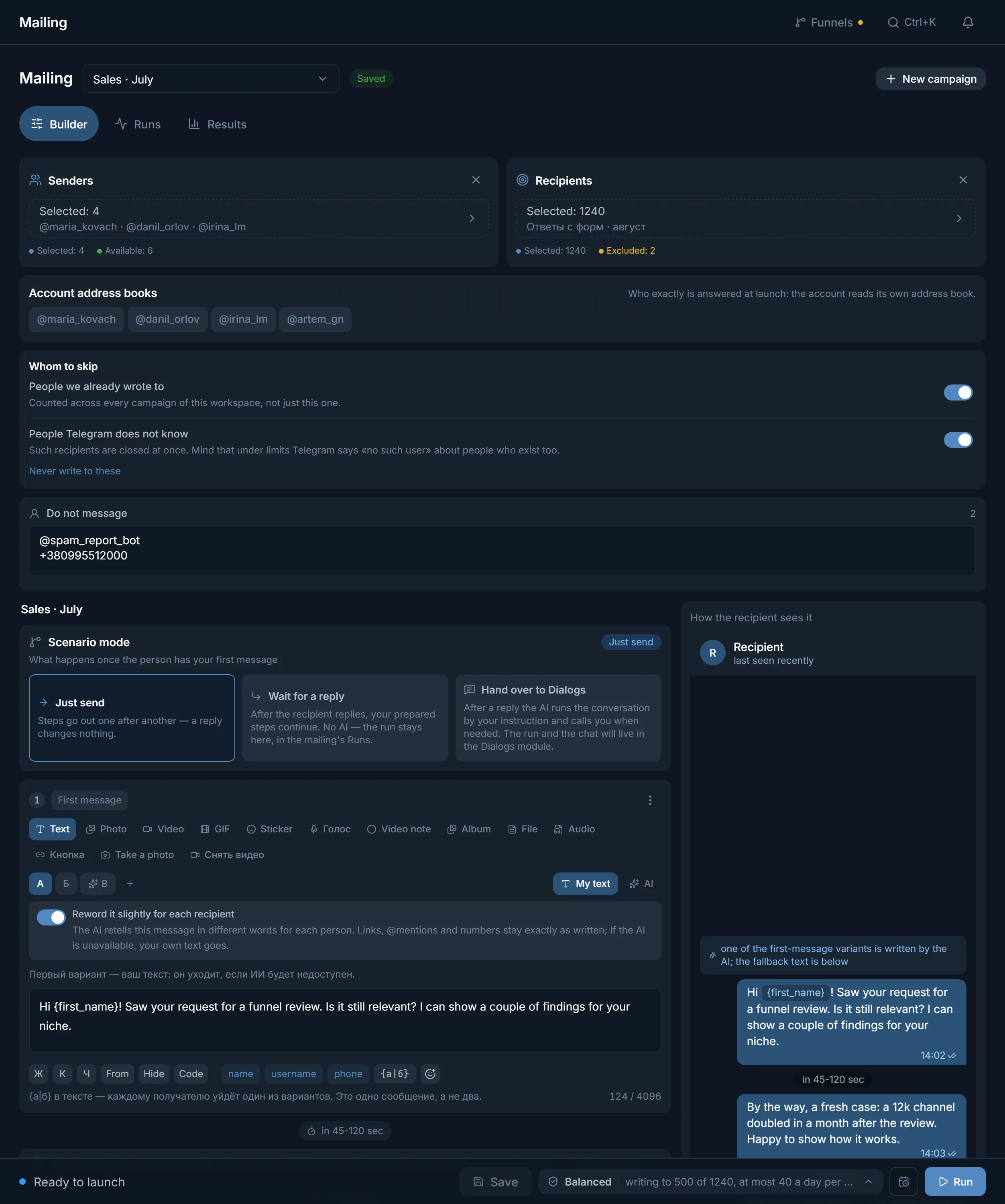 The campaign builder in the Mailing module
