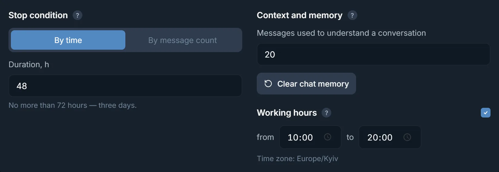 Neurochat stop condition, memory and working hours