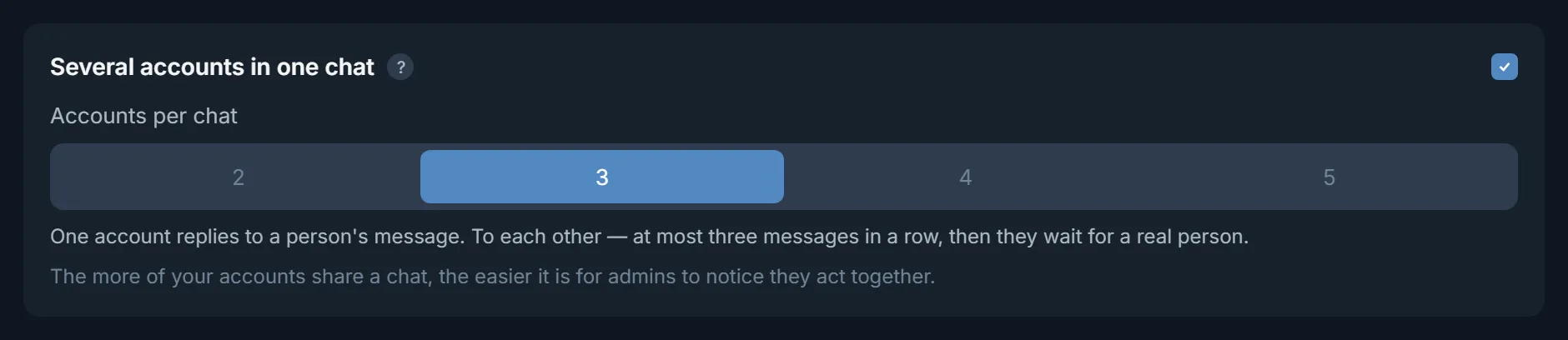 Several accounts in one chat in TeleTraff Neurochat
