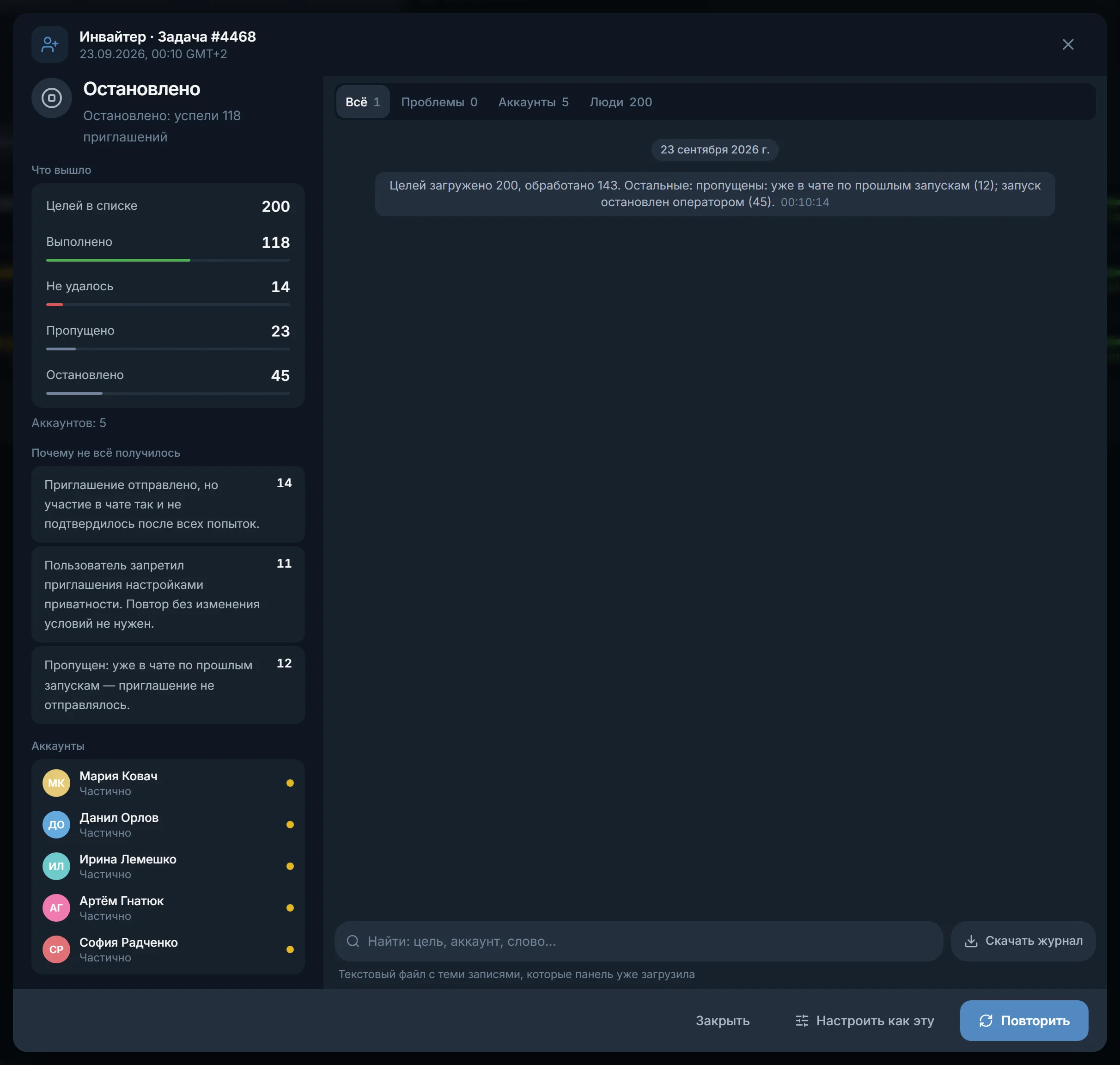 Результаты инвайтера